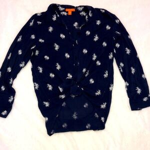 Joe Fresh SZ Large Shirt Tie Front Roll Sleeve Navy Blue/Floral Very SOFT